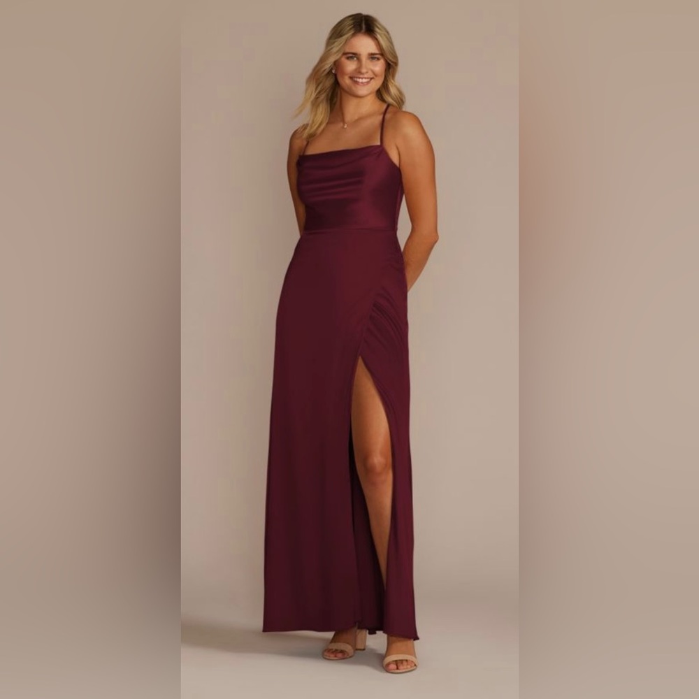 David’s Bridal, stretch charmeuse cowl neck bridesmaid dress, Size 18, Wine
